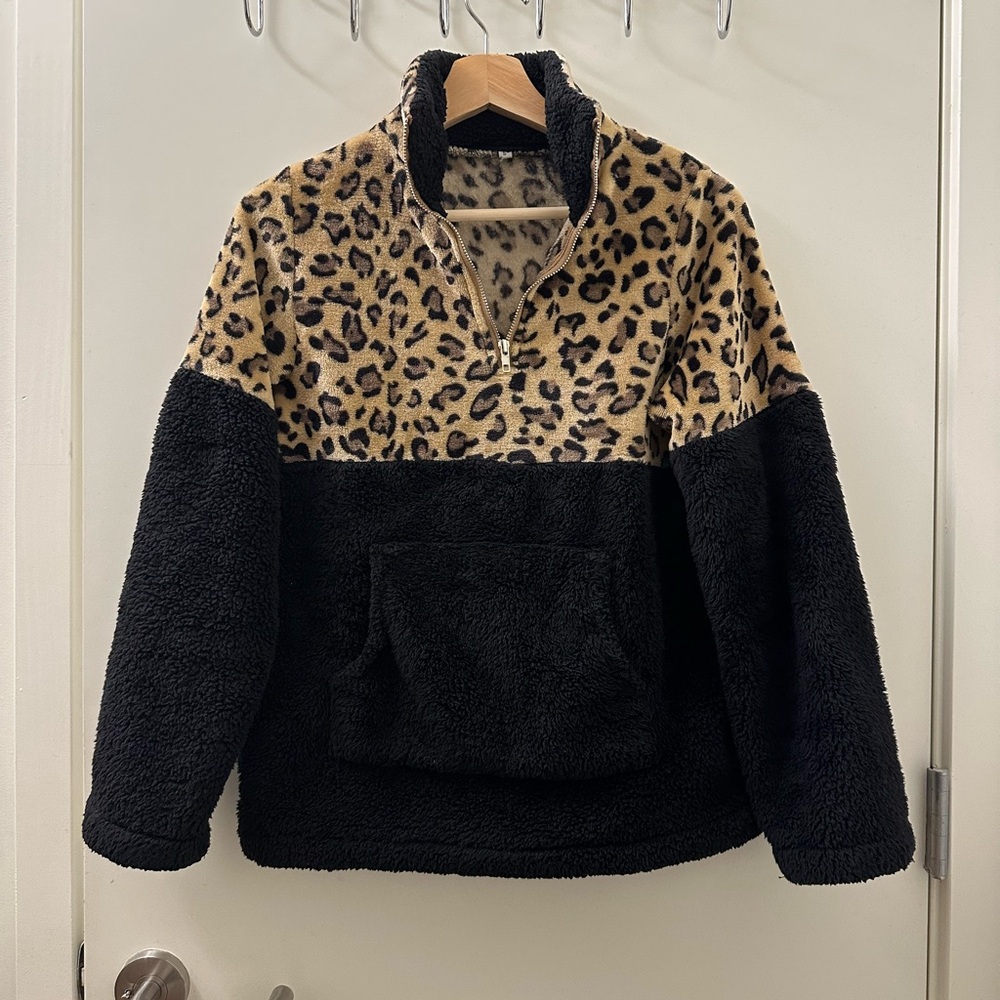 Leopard Colorblock Quater Zip Fleece Pullover